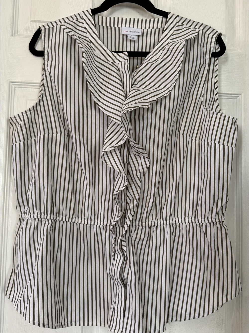 Liz Claiborne White and Olive Stripe Ruffle Sleeveless Top - Picture 1 of 7
